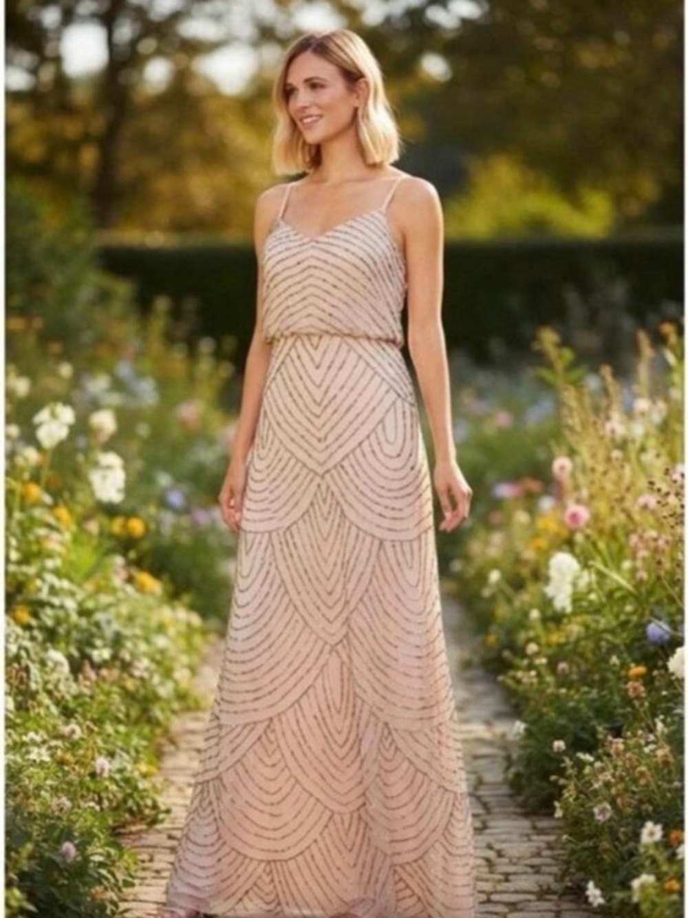 Adrianna Papell Champagne Gold Beaded Art Deco Blouson Gown Wedding Sz 16 NWT - Picture 16 of 16